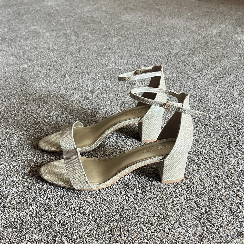 Elegant Gold Block Heels with Ankle Strap